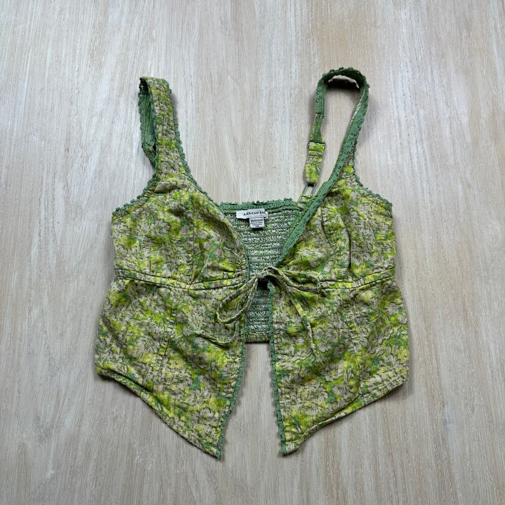 American Eagle Green Floral Lace Trim Tie Front Cottagecore Corset Crop Top XS